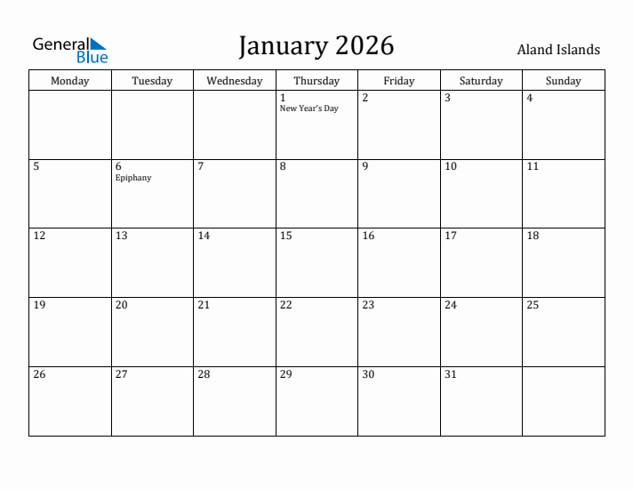 January 2026 Calendar Aland Islands