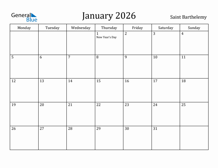 January 2026 Calendar Saint Barthelemy