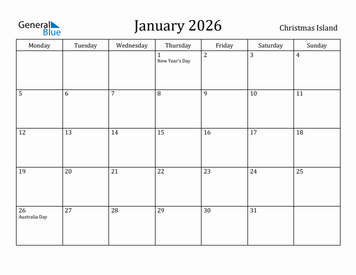 January 2026 Calendar Christmas Island