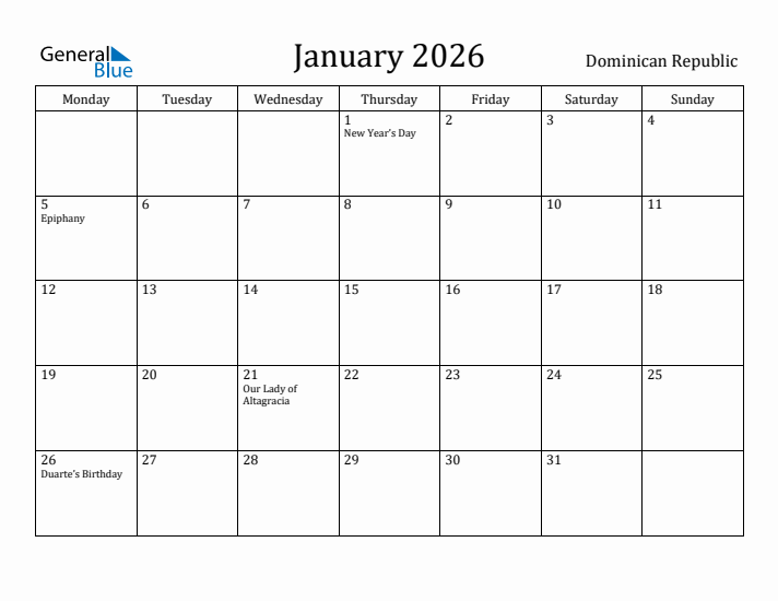 January 2026 Calendar Dominican Republic