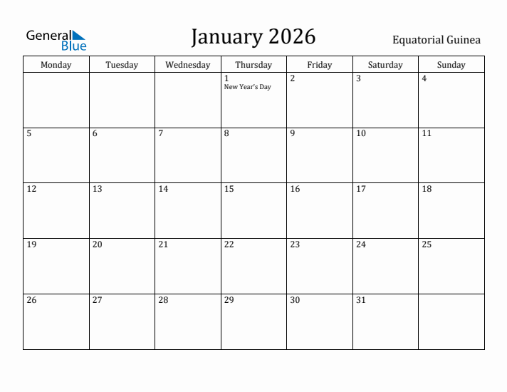 January 2026 Calendar Equatorial Guinea