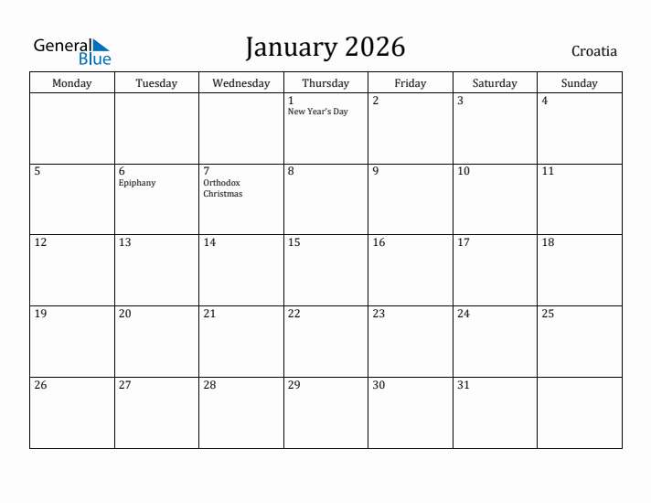 January 2026 Calendar Croatia