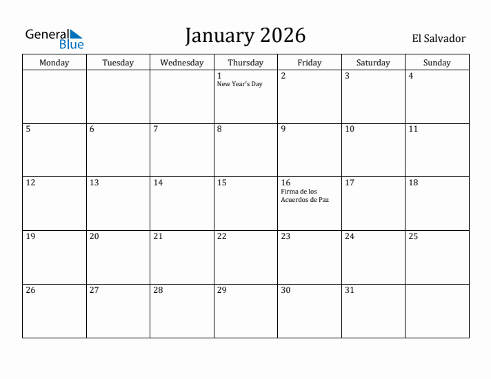 January 2026 Calendar El Salvador