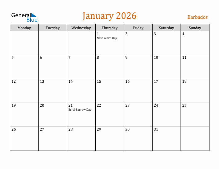 January 2026 Holiday Calendar with Monday Start