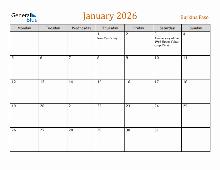 January 2026 Holiday Calendar with Monday Start