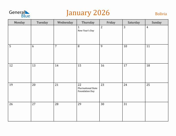 January 2026 Holiday Calendar with Monday Start