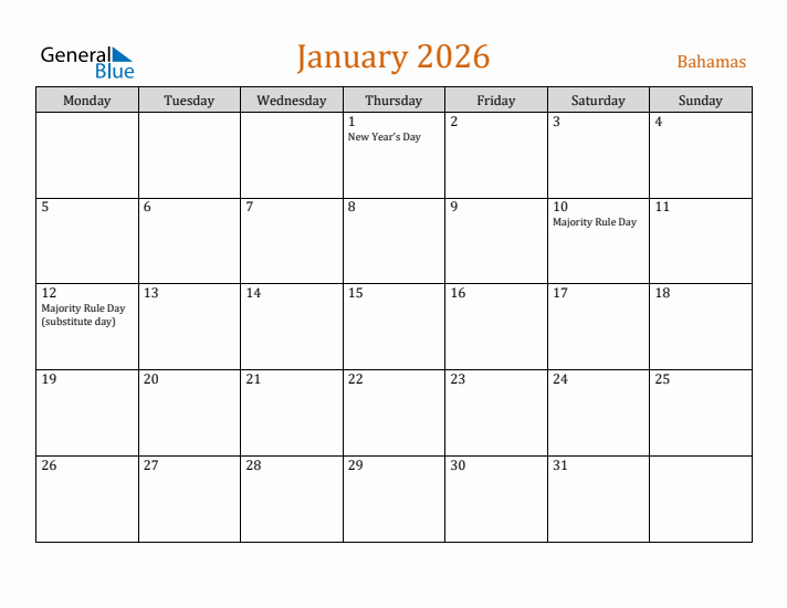 January 2026 Holiday Calendar with Monday Start