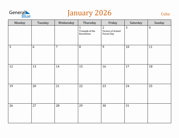 January 2026 Holiday Calendar with Monday Start