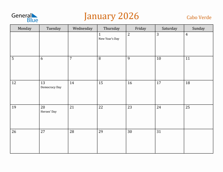 January 2026 Holiday Calendar with Monday Start