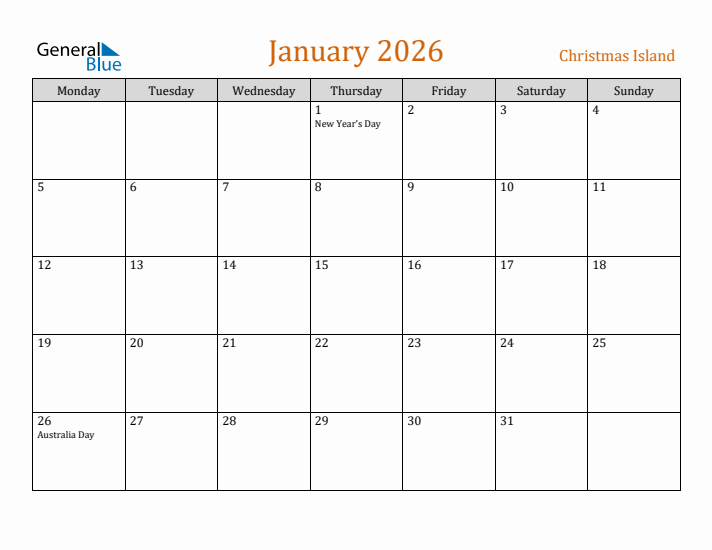 January 2026 Holiday Calendar with Monday Start