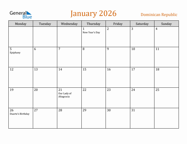 January 2026 Holiday Calendar with Monday Start