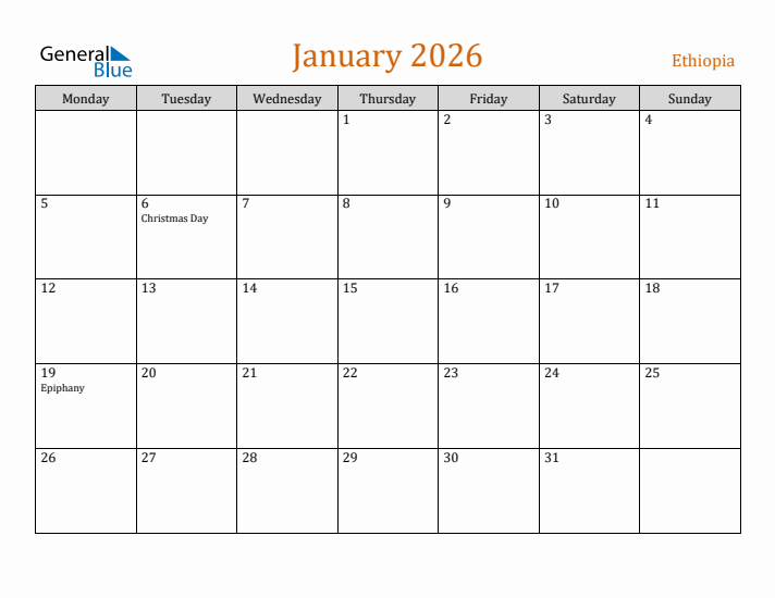 January 2026 Holiday Calendar with Monday Start