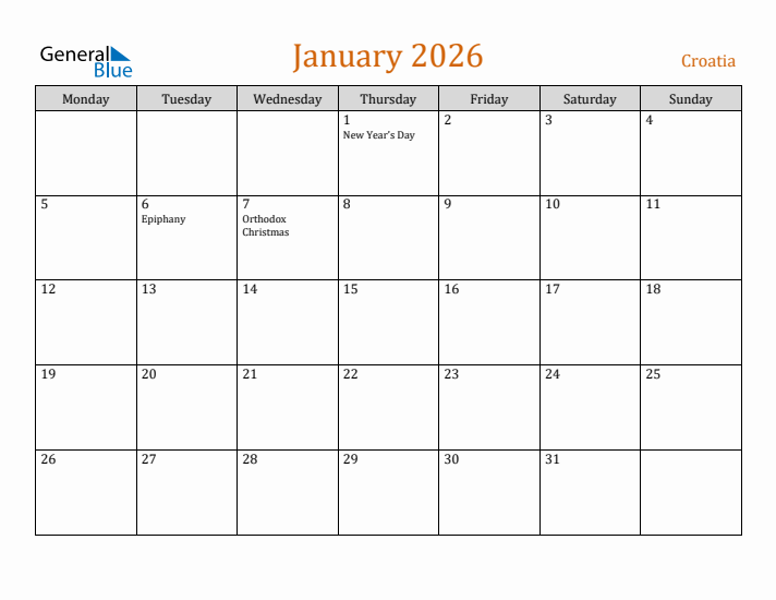 January 2026 Holiday Calendar with Monday Start