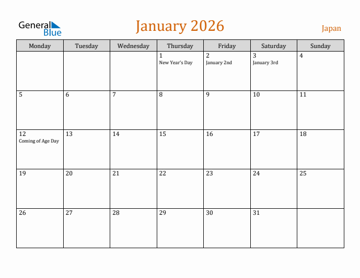 January 2026 Holiday Calendar with Monday Start