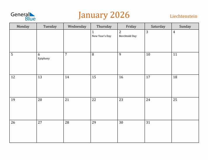 January 2026 Holiday Calendar with Monday Start