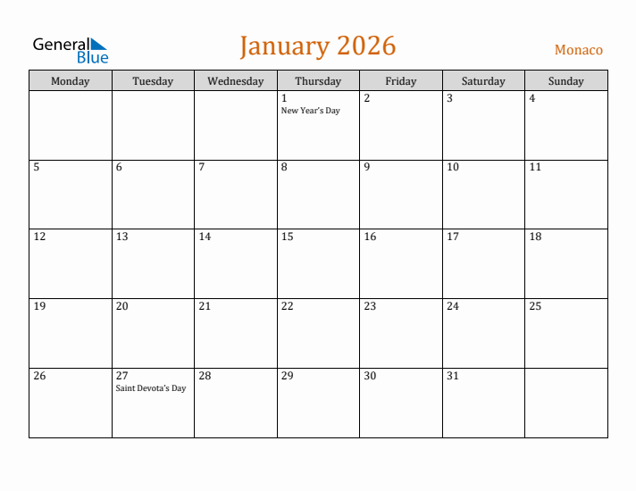 January 2026 Holiday Calendar with Monday Start