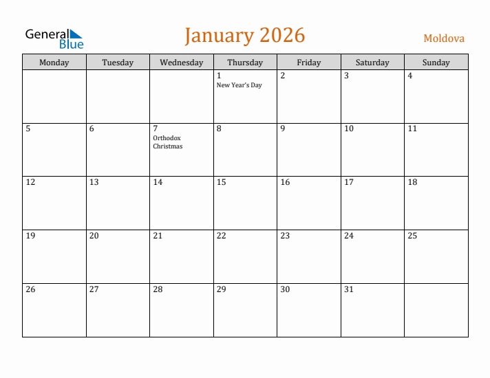 January 2026 Holiday Calendar with Monday Start