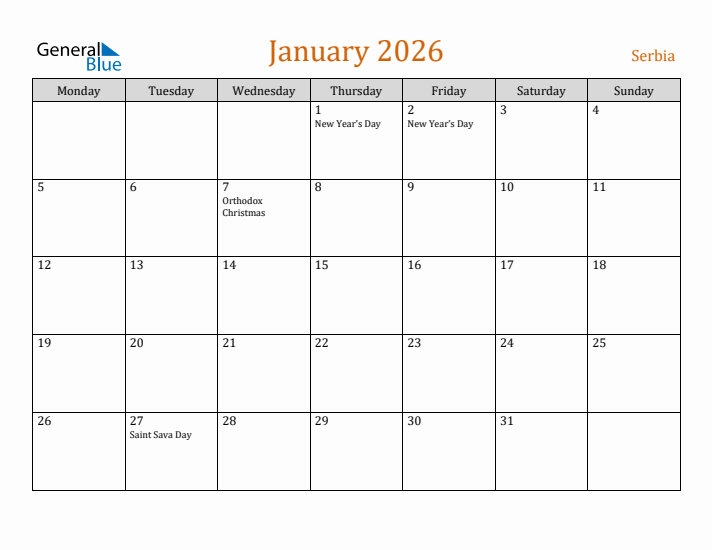 January 2026 Holiday Calendar with Monday Start