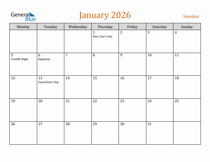 January 2026 Holiday Calendar with Monday Start