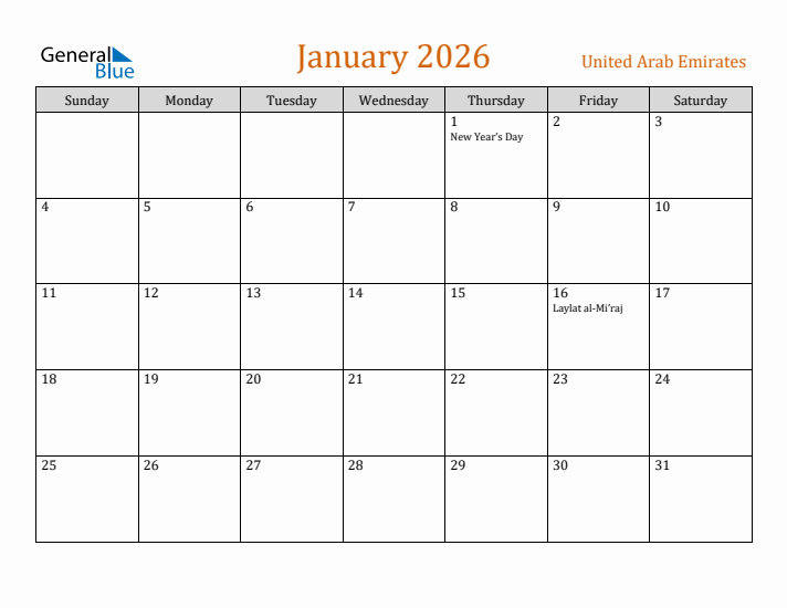 January 2026 Holiday Calendar with Sunday Start