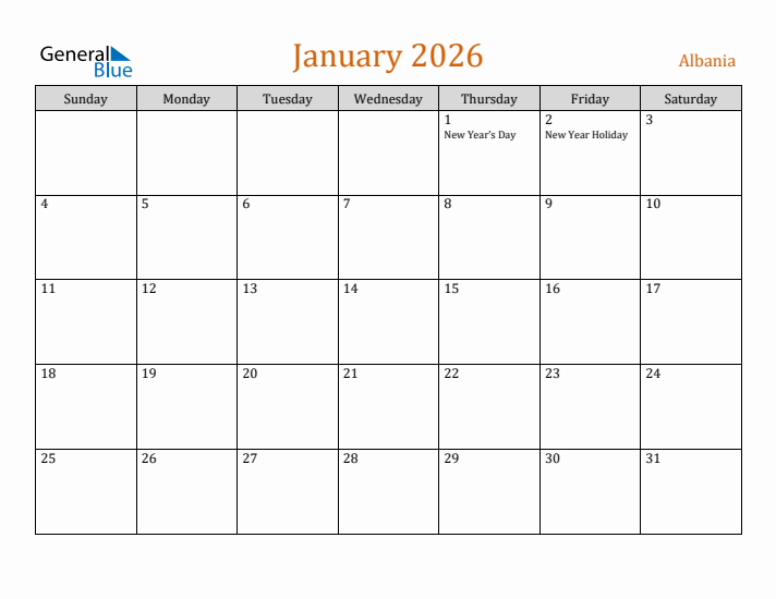 January 2026 Holiday Calendar with Sunday Start