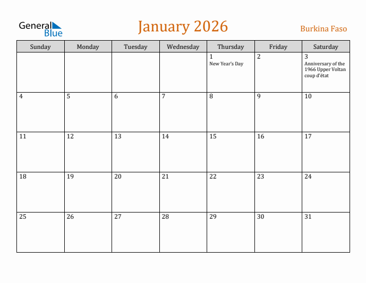 January 2026 Holiday Calendar with Sunday Start