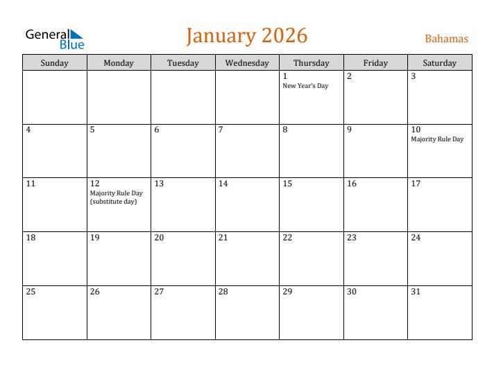 January 2026 Holiday Calendar with Sunday Start