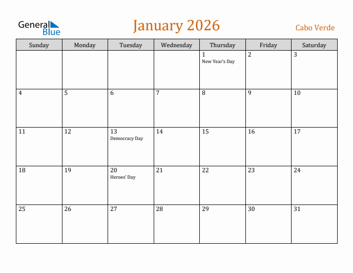 January 2026 Holiday Calendar with Sunday Start