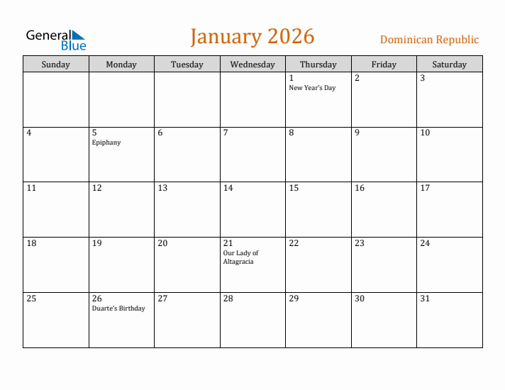 January 2026 Holiday Calendar with Sunday Start