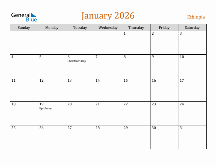 January 2026 Holiday Calendar with Sunday Start