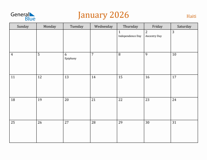 January 2026 Holiday Calendar with Sunday Start