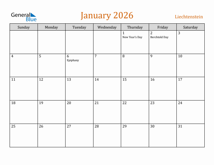 January 2026 Holiday Calendar with Sunday Start