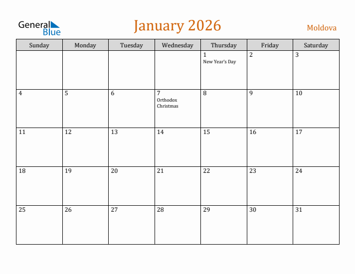 January 2026 Holiday Calendar with Sunday Start