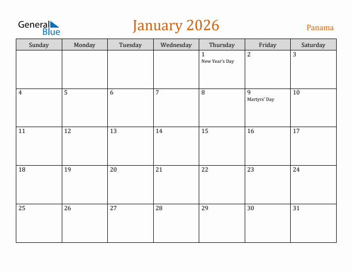 January 2026 Holiday Calendar with Sunday Start