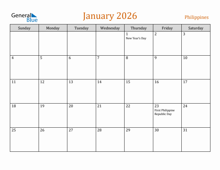 January 2026 Holiday Calendar with Sunday Start