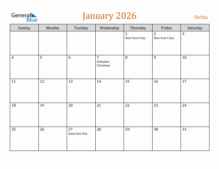 January 2026 Holiday Calendar with Sunday Start