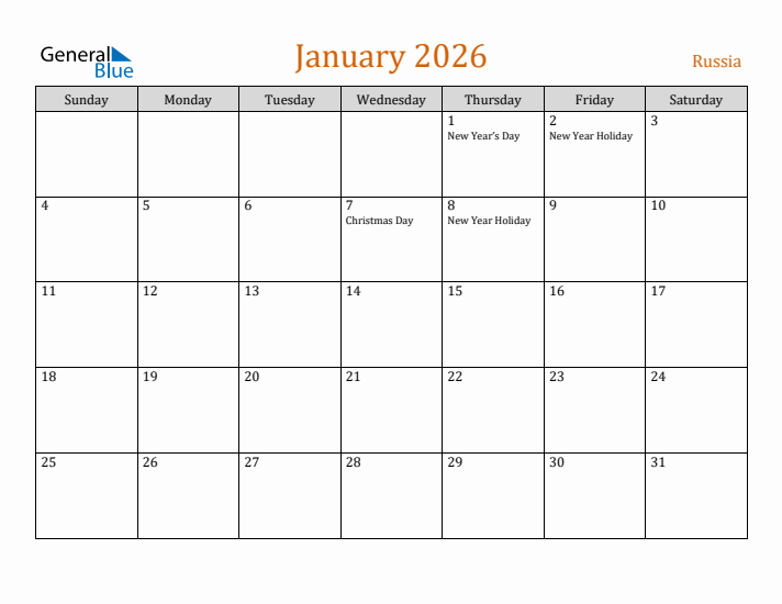 January 2026 Holiday Calendar with Sunday Start