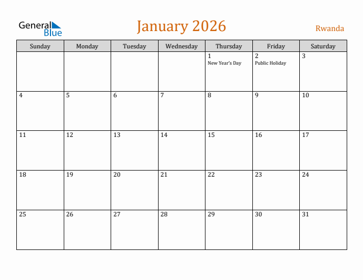 January 2026 Holiday Calendar with Sunday Start