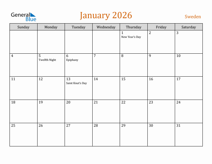 January 2026 Holiday Calendar with Sunday Start