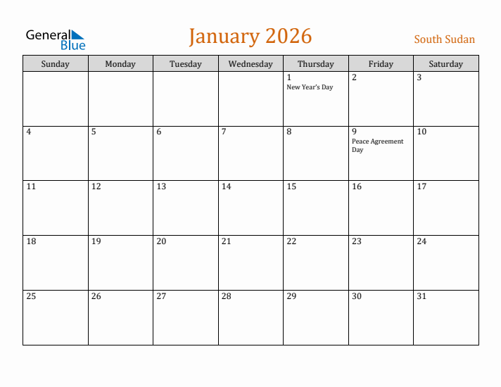 January 2026 Holiday Calendar with Sunday Start