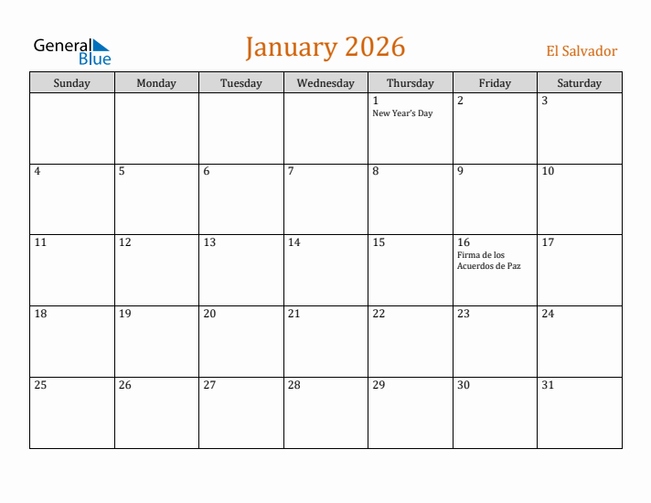 January 2026 Holiday Calendar with Sunday Start