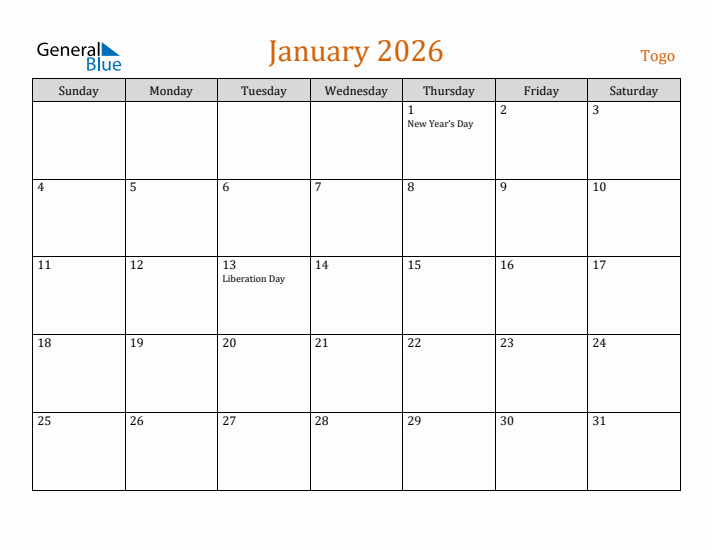 January 2026 Holiday Calendar with Sunday Start