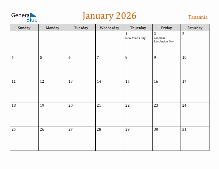 January 2026 Holiday Calendar with Sunday Start