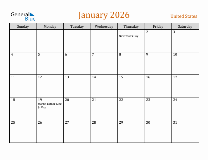 January 2026 Holiday Calendar with Sunday Start