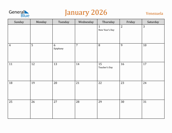 January 2026 Holiday Calendar with Sunday Start