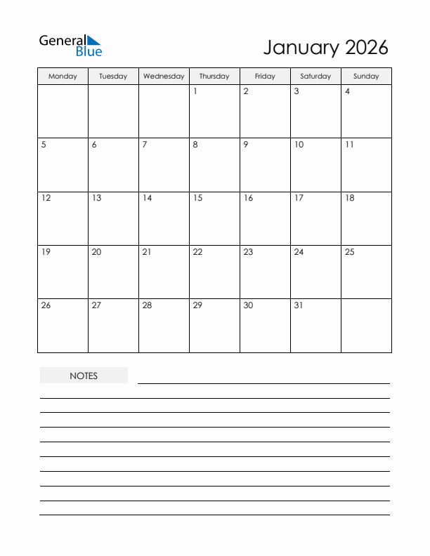 Printable Calendar with Notes - January 2026 