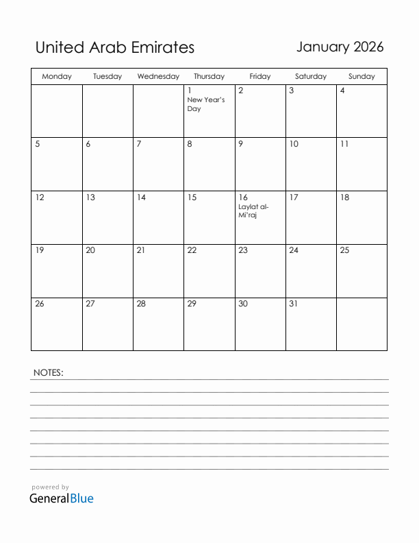 January 2026 United Arab Emirates Calendar with Holidays (Monday Start)