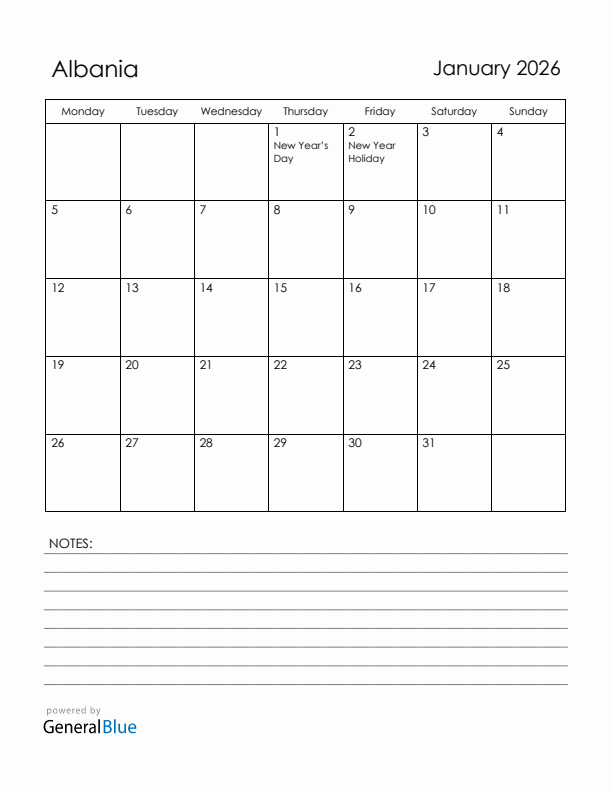 January 2026 Albania Calendar with Holidays (Monday Start)