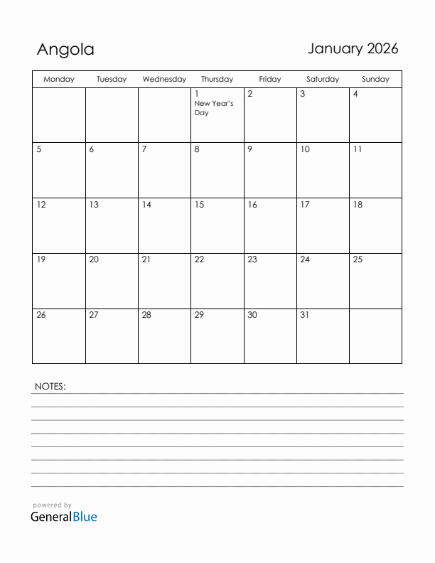 January 2026 Angola Calendar with Holidays (Monday Start)