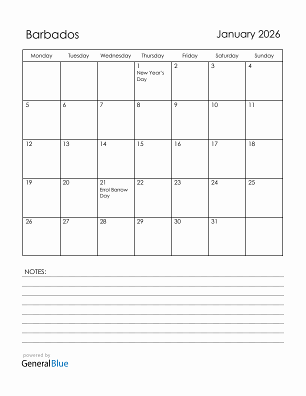 January 2026 Barbados Calendar with Holidays (Monday Start)